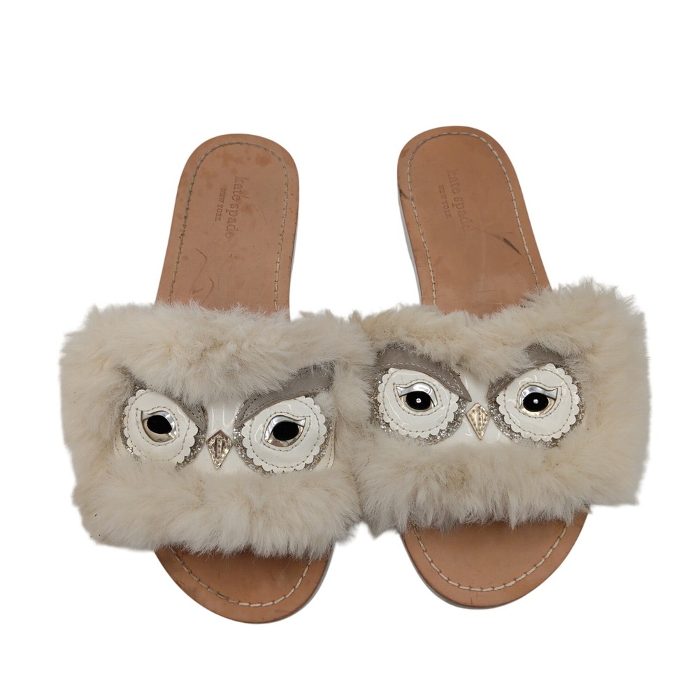 Kate Spade New York Ingrid Owl Faux Fur Slide Sandals Cream Tan Size 7.5M‎